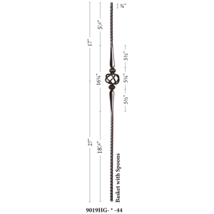 Gothic Series 9/16" Square x 44"H Single Basket with Hammered Bar Hollow Iron Baluster (9019HG) - Stair Parts USA