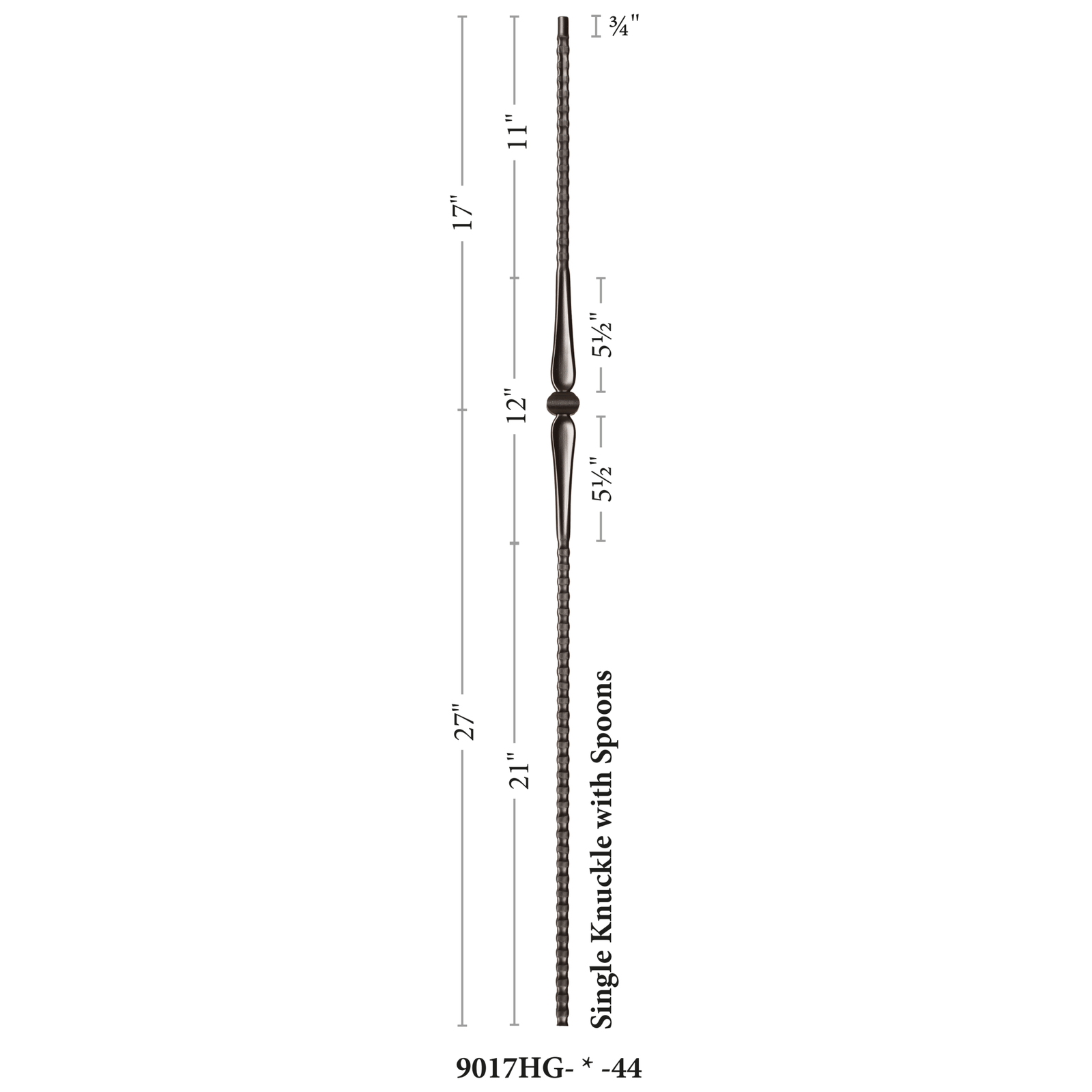 Gothic Series 9/16" Square x 44"H Single Knuckle with Hammered Bar Hollow Iron Baluster (9017HG) - Stair Parts USA
