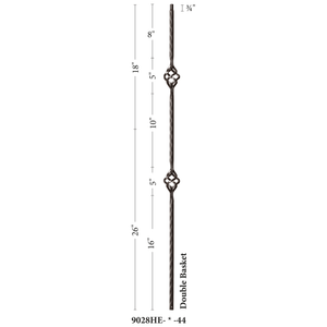 Hammered Edge Series 9/16" Square x 44"H Double Basket with Hammered Edge Hollow Iron Baluster (9028HE) - Stair Parts USA