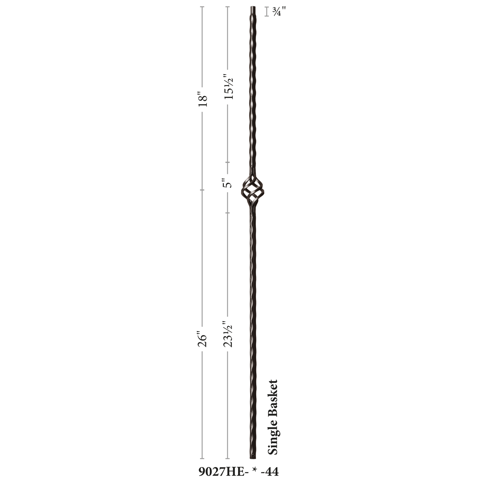 Hammered Edge Series 9/16" Square x 44"H Single Basket with Hammered Edge Hollow Iron Baluster (9027HE) - Stair Parts USA