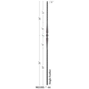 Hammered Edge Series 9/16" Square x 44"H Single Feather with Hammered Edge Hollow Iron Baluster (9021HE) - Stair Parts USA