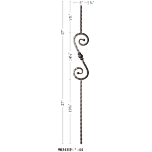 Hammered Face Series 9/16" Square x 44 - 3/32"H 5" x 14 - 1/2" "S" Scroll and Ball with Hammered Face - Hollow Iron Baluster (9034HF) - Stair Parts USA