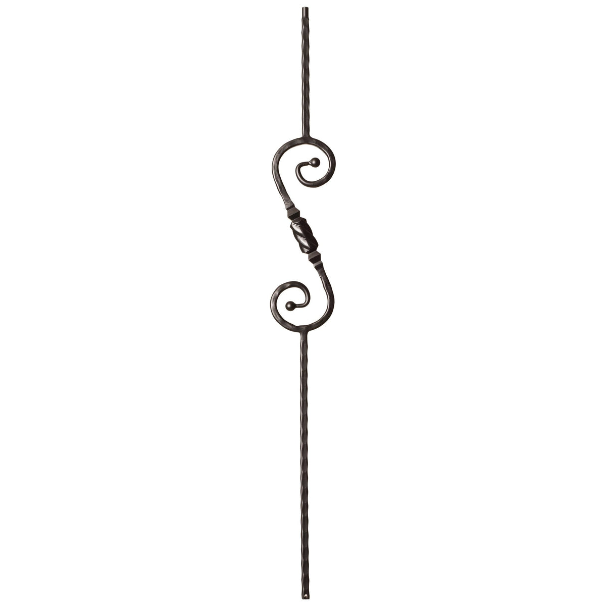 Hammered Face Series 9/16" Square x 44 - 3/32"H 5" x 14.5" "S" Scroll and Knob with Hammered Face - Hollow Iron Baluster (9047HF) - Stair Parts USA