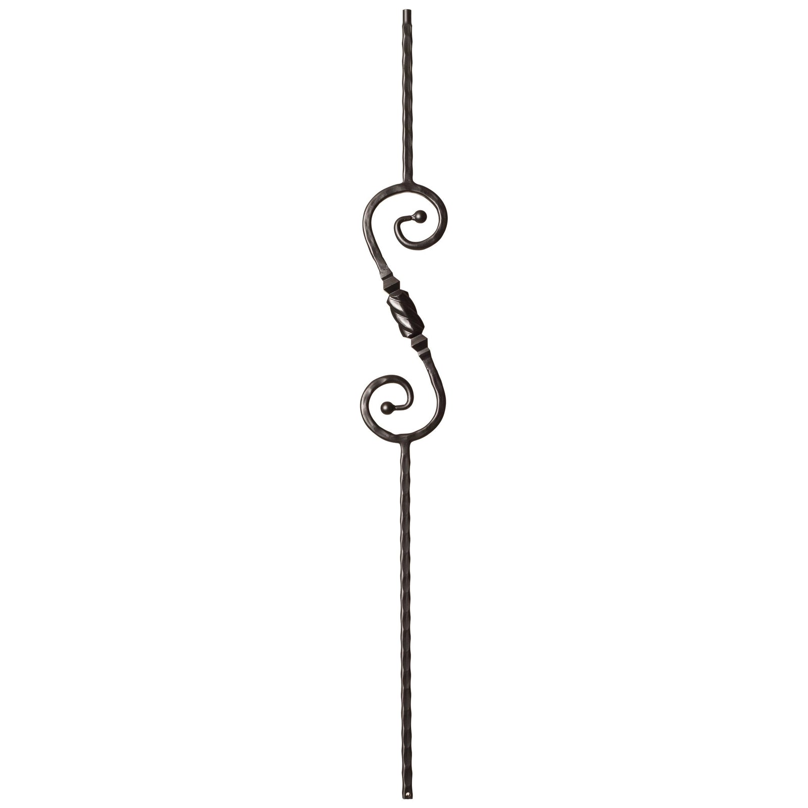 Hammered Face Series 9/16" Square x 44 - 3/32"H 5" x 14.5" "S" Scroll and Knob with Hammered Face - Hollow Iron Baluster (9047HF) - Stair Parts USA