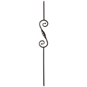 Hammered Face Series 9/16" Square x 44 - 3/32"H 5" x 14.5" "S" Scroll and Knob with Hammered Face - Hollow Iron Baluster (9047HF) - Stair Parts USA