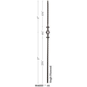 Hammered Face Series 9/16" Square x 44"H Single Diamond with Hammered Face - Hollow Iron Baluster (9040HF) - Stair Parts USA
