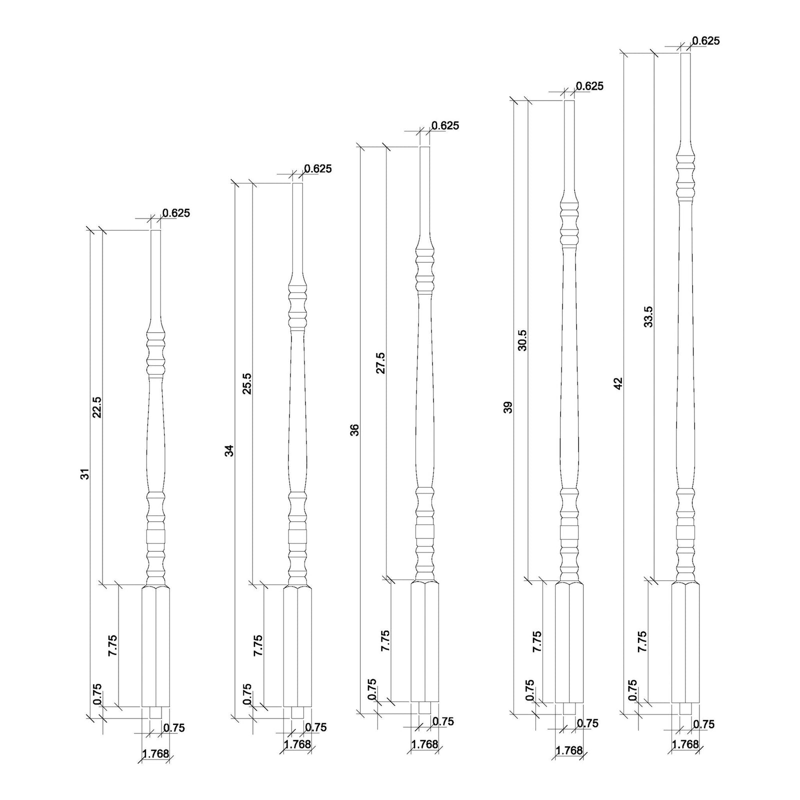 Hampton 1 - 1/4" 5200 Structural Rise Pin Top Baluster - Stair Parts USA