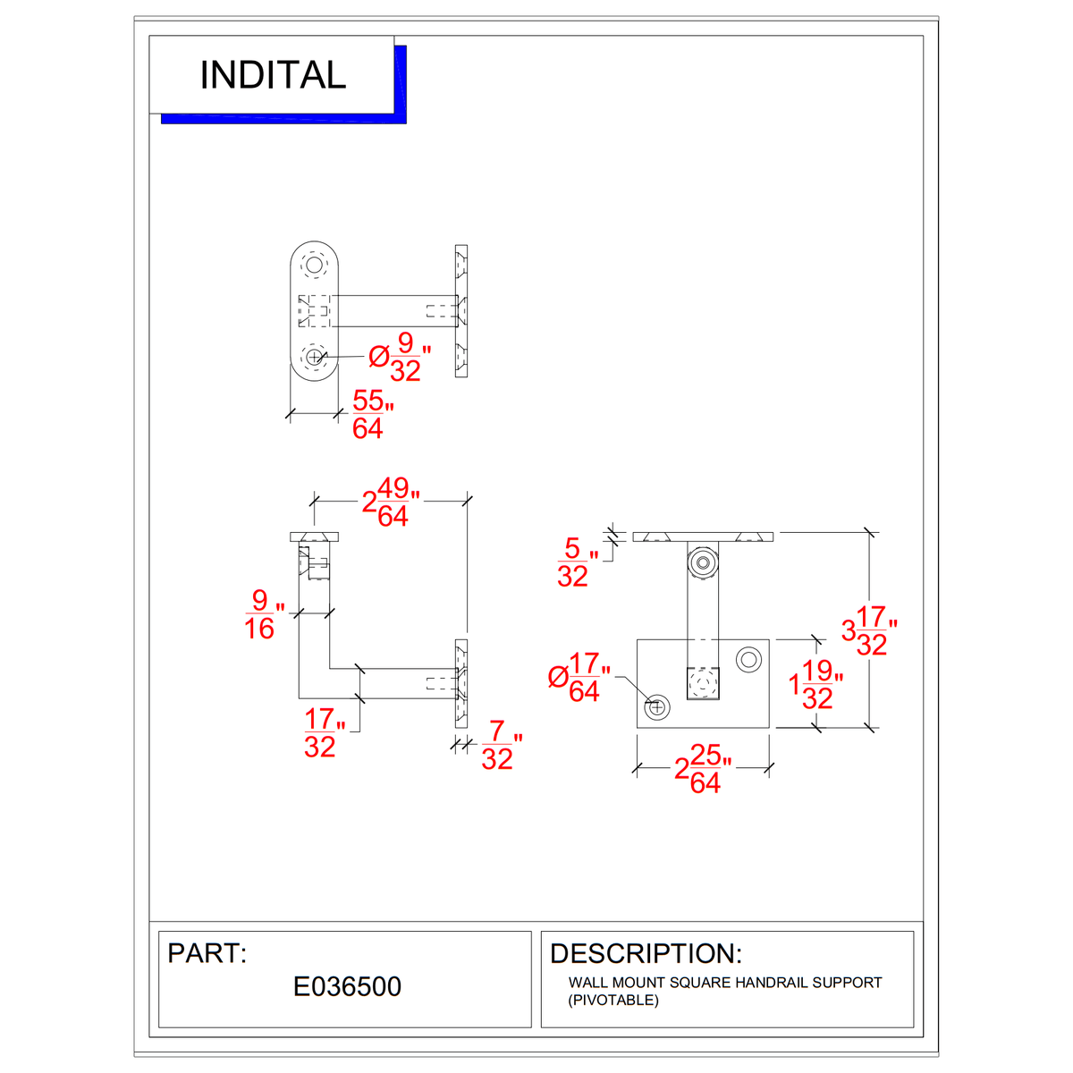 Pivotable Stainless Steel Handrail Wall Mount Support for 1 - 14/25" Square Tube - Flat (E036500) - Stair Parts USA