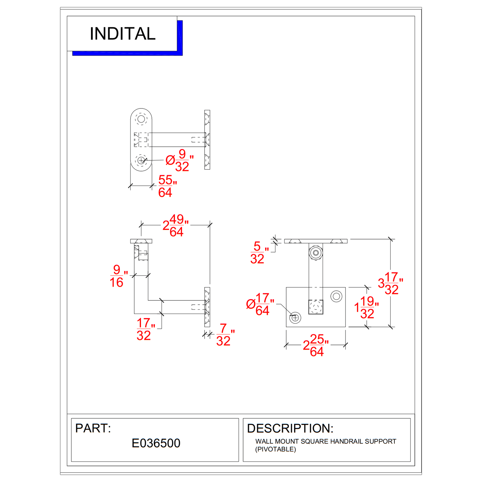 Pivotable Stainless Steel Handrail Wall Mount Support for 1 - 14/25" Square Tube - Flat (E036500) - Stair Parts USA