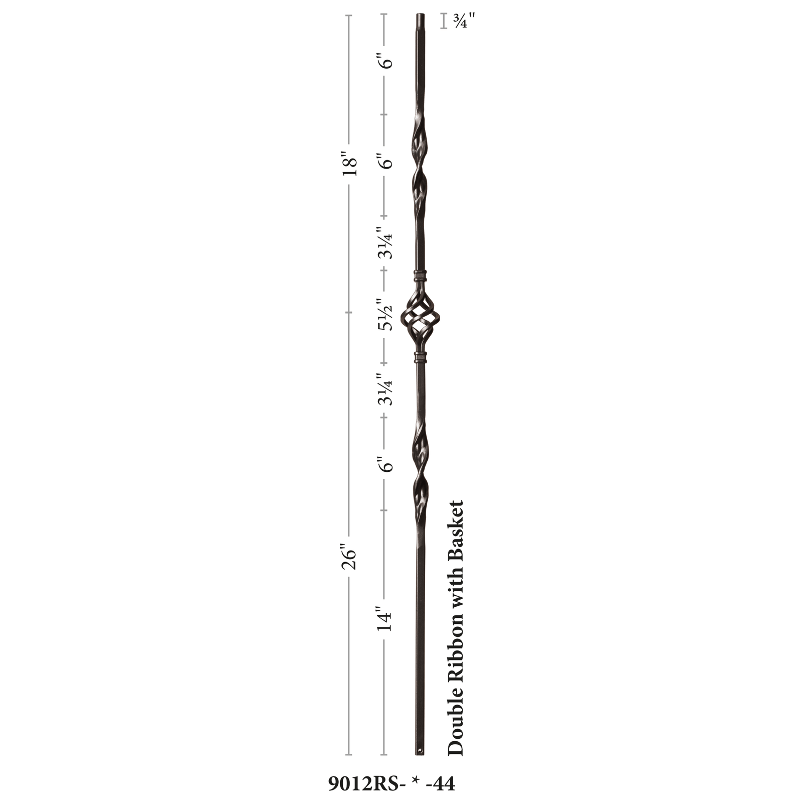 Ribbon Series 1/2" Square x 44"H Double Ribbon Single Basket Hollow Iron Baluster (9012RS) - Stair Parts USA
