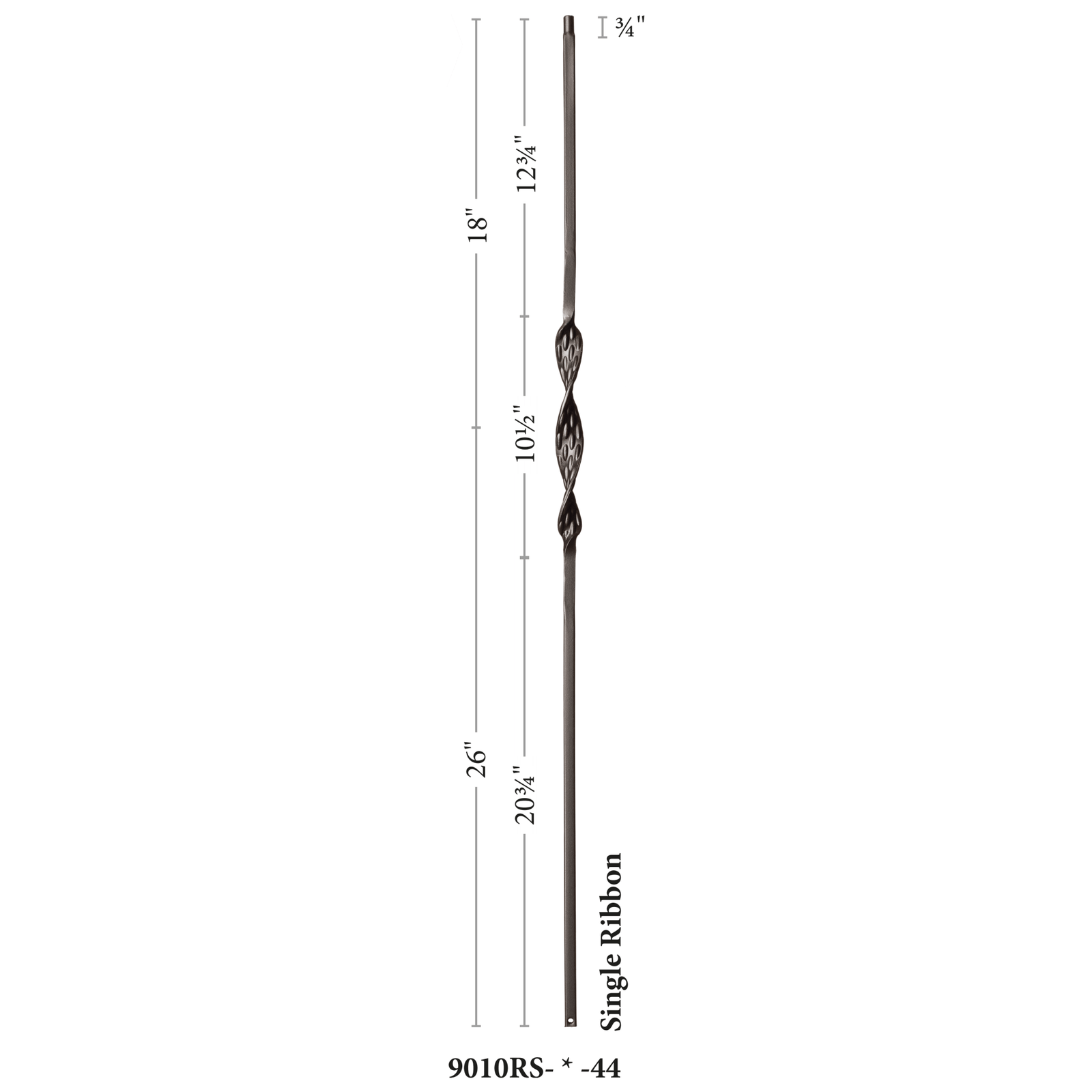 Ribbon Series 1/2" Square x 44H Single Ribbon Hollow Iron Baluster (9010RS) - Stair Parts USA