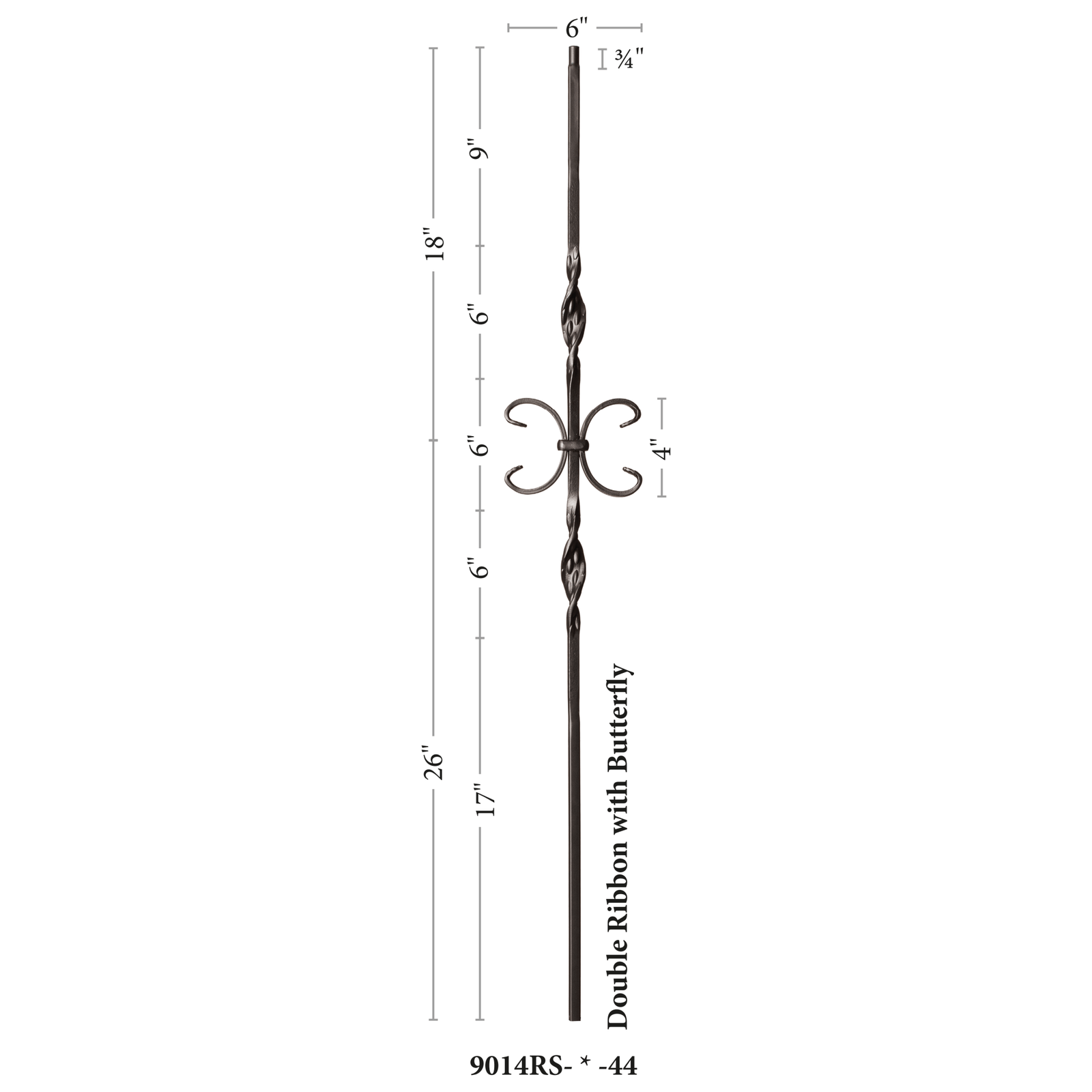 Ribbon Series 1/2"Square x 44"H Double Ribbon and Butterfly Hollow Iron Baluster (9014RS) - Stair Parts USA