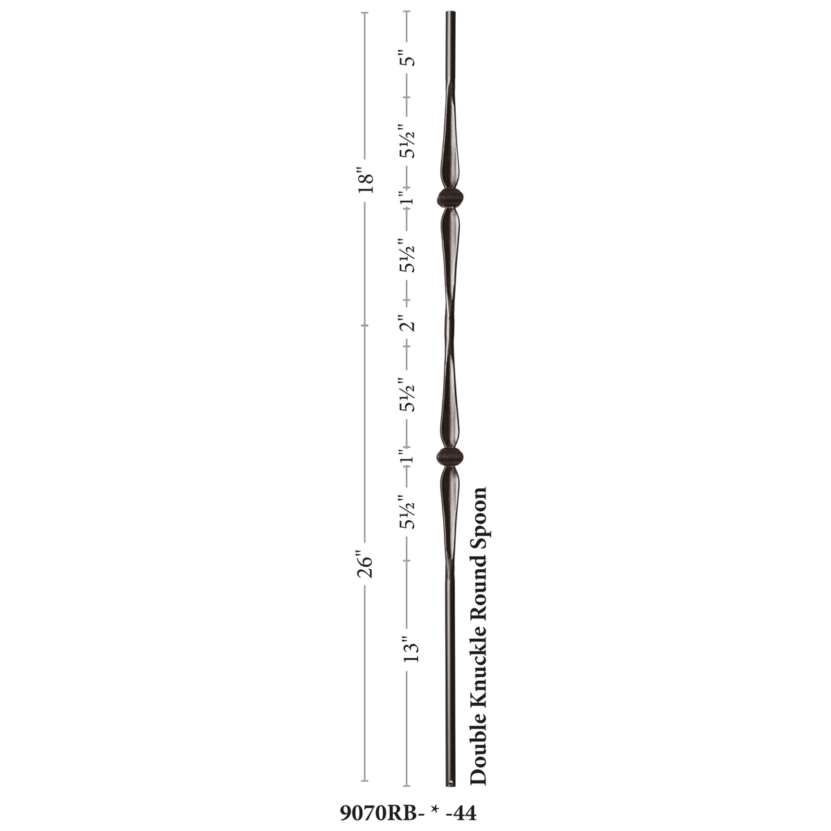 Round Series 9/16" Dia. x 44"H Double Knuckle w/ Round Spoon Hollow Iron Baluster (9070RB) - Stair Parts USA