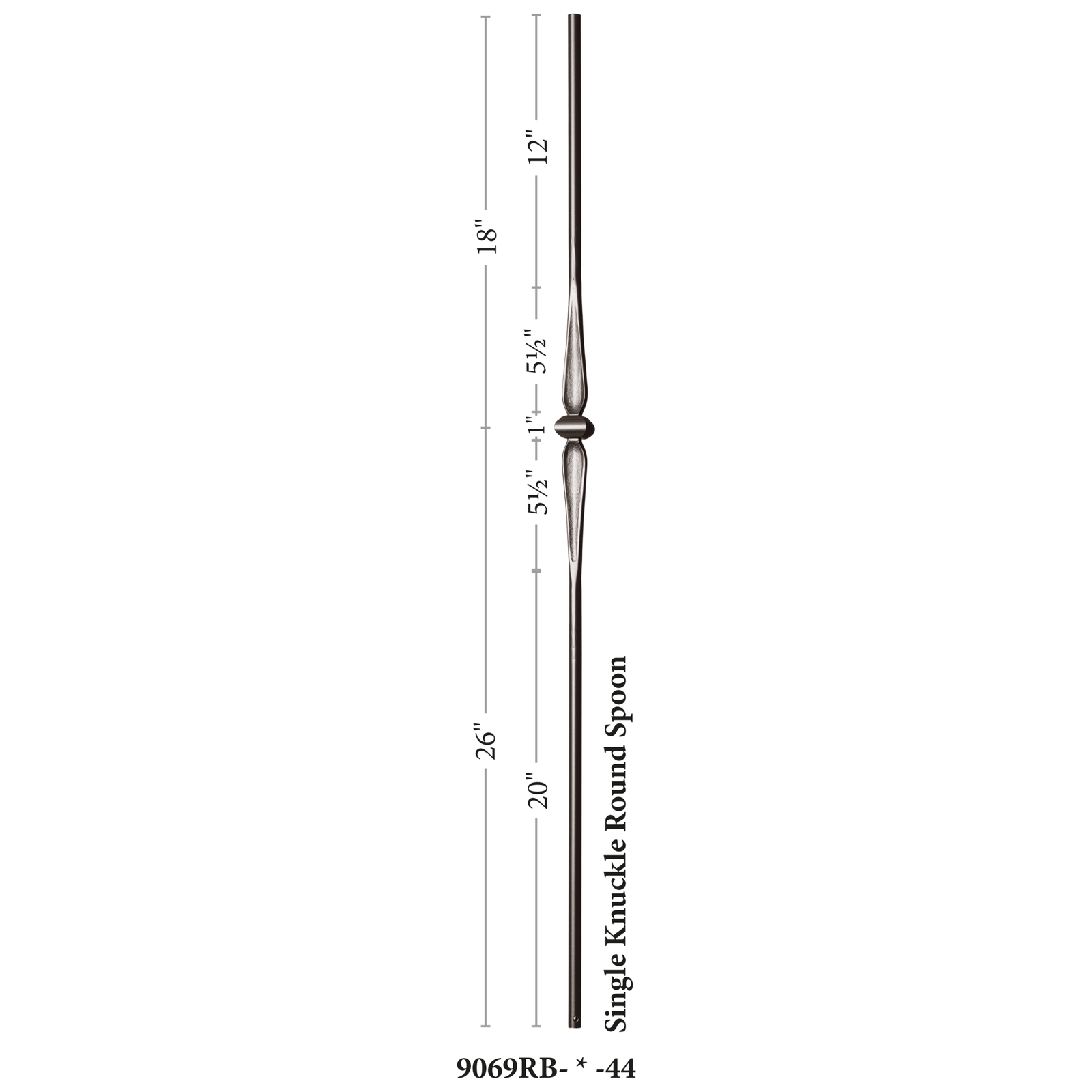 Round Series 9/16" Dia. x 44"H Single Knuckle w/ Round Spoon Hollow Iron Baluster (9069RB) - Stair Parts USA