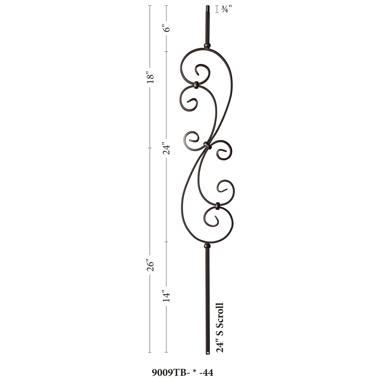 Scroll Series 1/2" Square x 44"H - 7" x 24" Scroll Hollow Iron Baluster (9009) - Stair Parts USA
