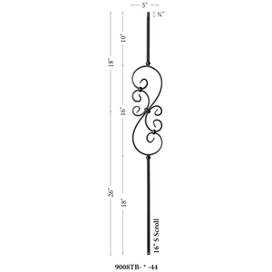 Scroll Series 1/2" Square x 44"H Small S Scroll (5 - 3/8" x 16") Hollow Iron Baluster (9008) - Stair Parts USA