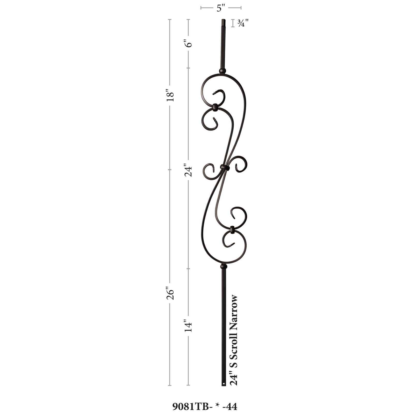 Scroll Series 1/2" Square x (5 - 3/8"W x 24"H) x 44"H Thin (1/4") Scroll Hollow Iron Baluster (9081) - Stair Parts USA