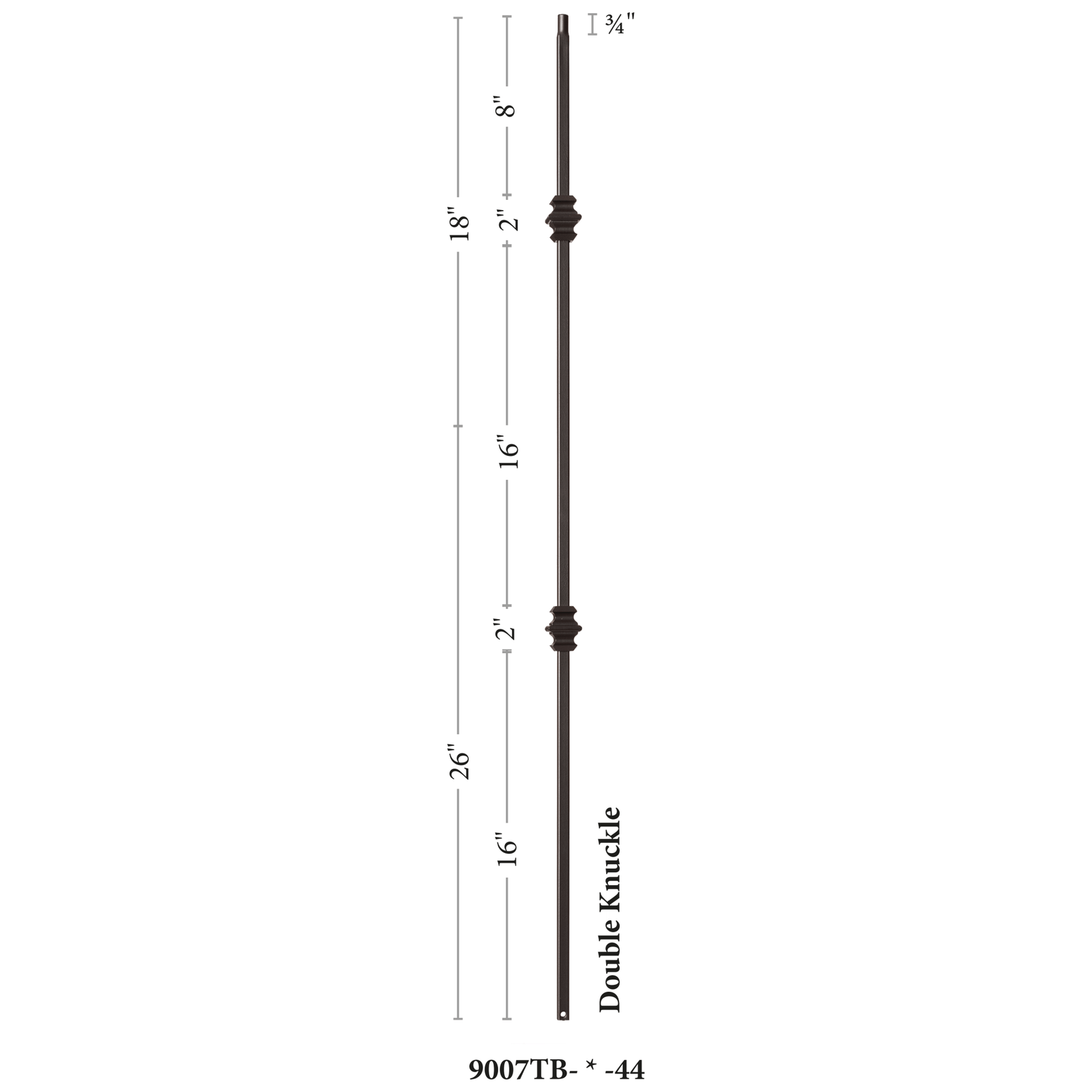 Shape Series 1/2" Square x 44"H Double Knuckle Hollow Iron Baluster (9007)