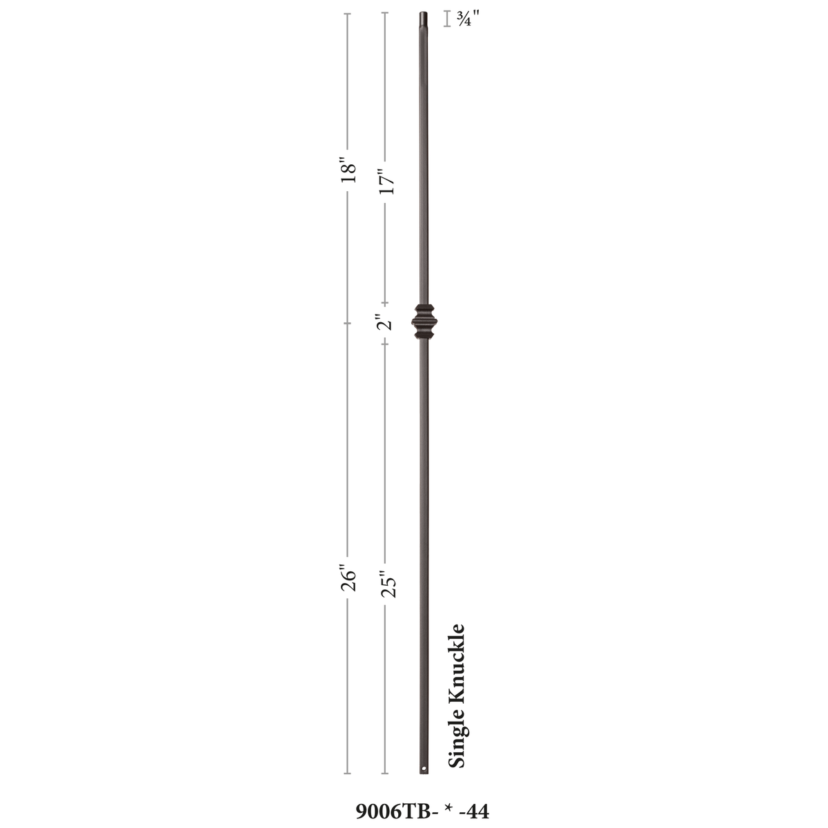 Shape Series 1/2" Square x 44"H Single Knuckle Hollow Iron Baluster (9006) - Stair Parts USA