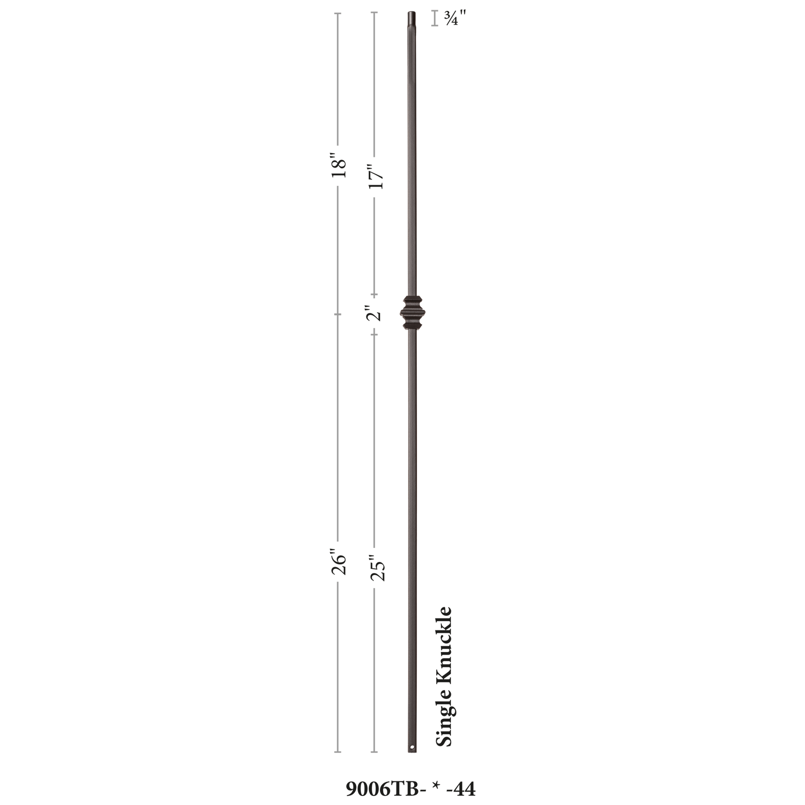 Shape Series 1/2" Square x 44"H Single Knuckle Hollow Iron Baluster (9006)