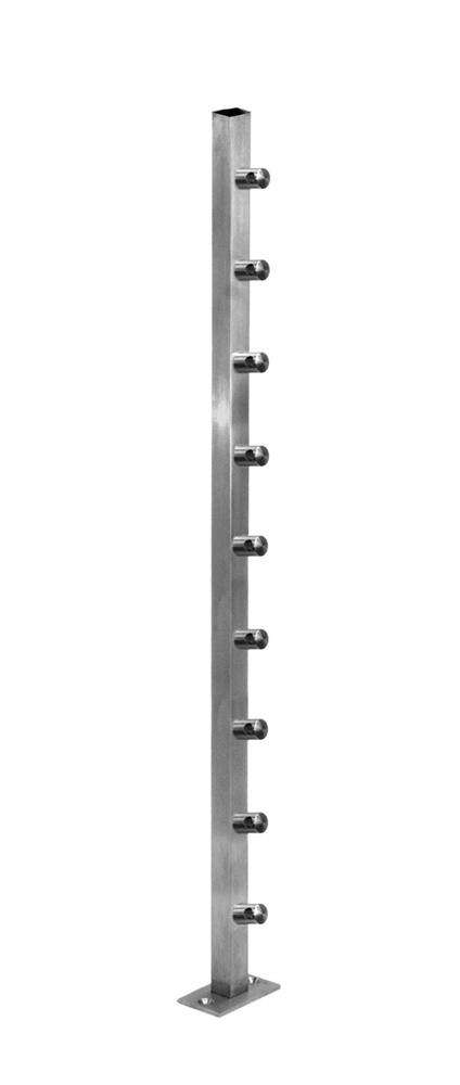 Stainless Steel 1 9/16" Square Newel Post w/ Installed Mounting Plate. &amp; 1/2" Round bar holders attached. - Stair Parts USA