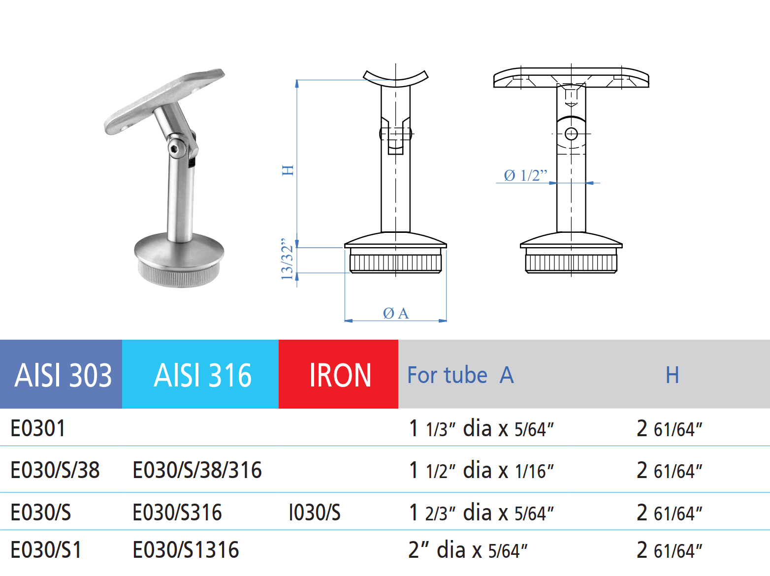 Stainless Steel 2 3/4" Dia. x 1/2" Dia. Pivotable Handrail Support for 1 - 2/3" Round Handrail (E030/S, E030/S316) - Stair Parts USA