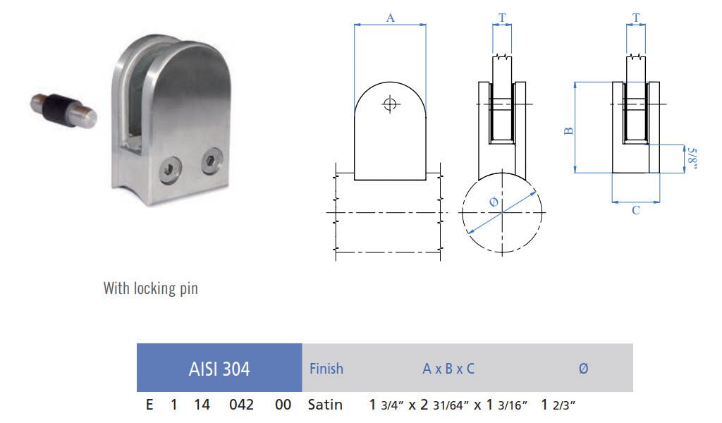 Stainless Steel Glass Clamp 1 - 3/4 X 2 - 31/64 for 1 - 2/3 Tube - SKU: E11404200 - Stair Parts USA