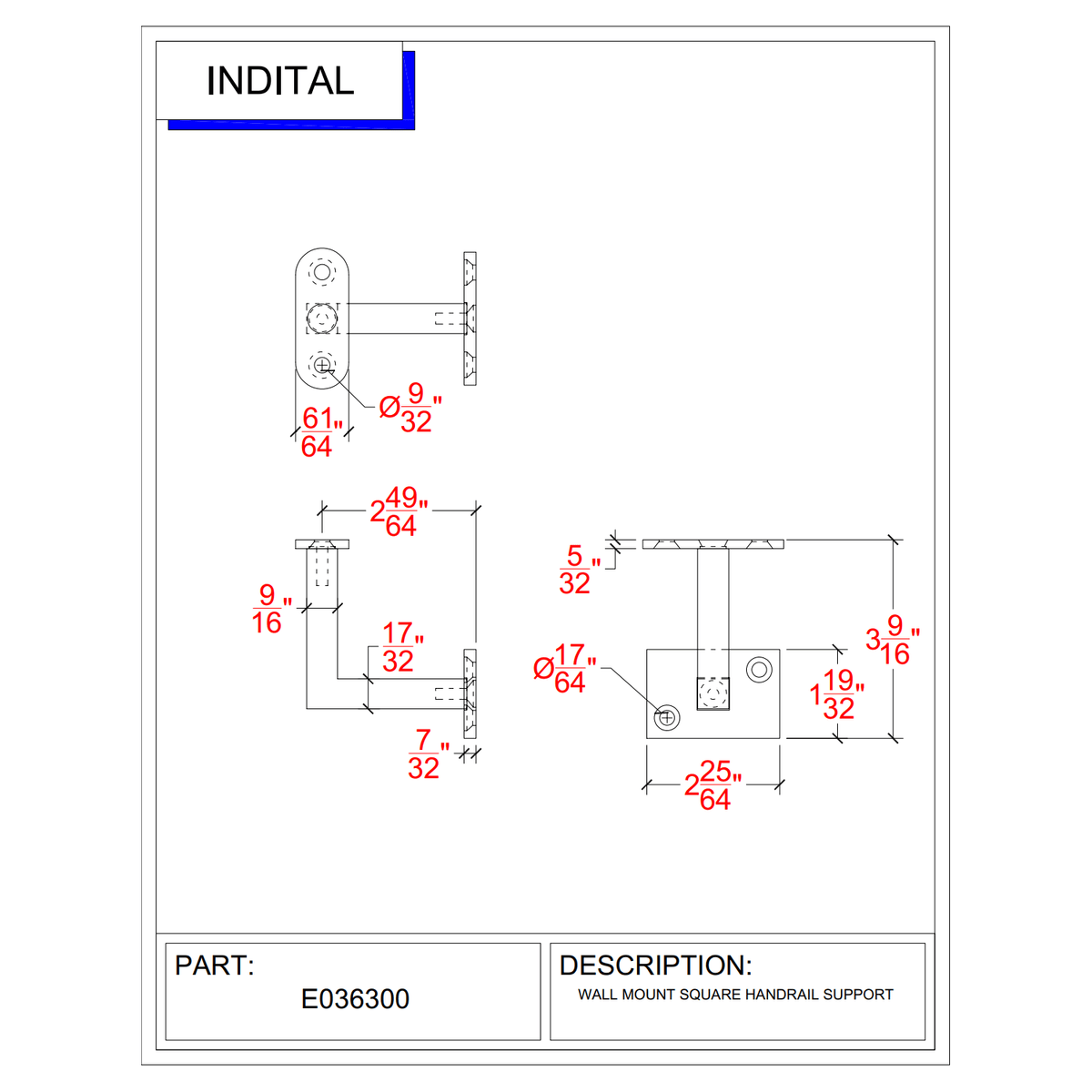 Stainless Steel Handrail Wall Mount Support for 1 - 14/25" Square Tube - Flat (E036300) - Stair Parts USA
