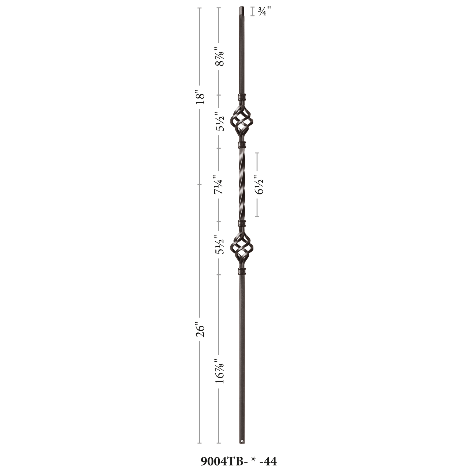 Twist Series 1/2" Square x 44"H Double Basket Single Twist Hollow Iron Baluster (9004)
