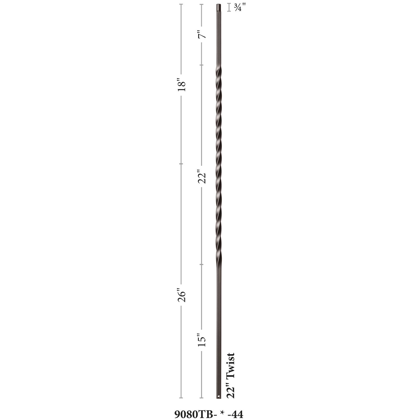 Twist Series 1/2" Square x 44"H Long 22" Twist Hollow Iron Baluster (9080)