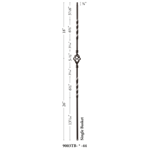 Twist Series 1/2" Square x 44"H Single Basket, Double Twist Hollow Iron Baluster (9003) - Stair Parts USA