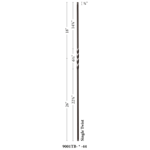 Twist Series 1/2" Square x 44"H Single Twist Hollow Iron Baluster (9001)