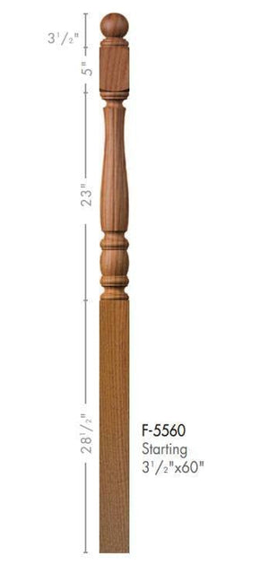 Utah 3 - 1/2" 5548F Short Block FLUTED Turned Newel (48" or 60") - Stair Parts USA
