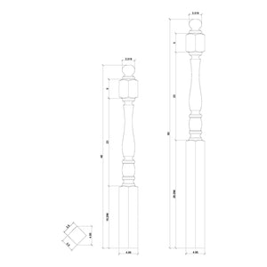 Utah 3 - 1/2" 5548F Short Block FLUTED Turned Newel (48" or 60") - Stair Parts USA