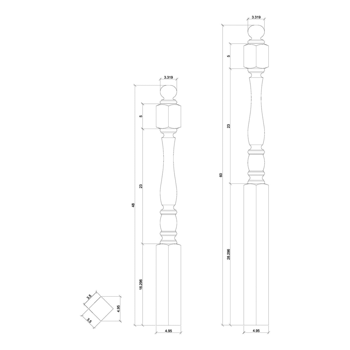Utah 3 - 1/2" 5548R Short Block REEDED Turned Newel (48" or 60") - Stair Parts USA